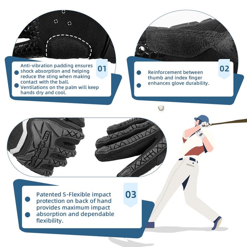 Seibertron S.P.B.G 2.0 Baseball/Softball Batting Super Grip and Protective Gloves Youth Black XL - Image 5